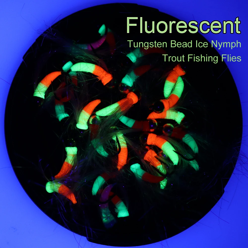 Bimoo-SEÑUELOS fluorescentes para pesca en hielo, cebo para Ninfa, Flashabou, oropel, moscas, cuentas de tungsteno, Arco Iris, Brook, trucha, lucios grises, #8, 6 uds. - imagen 5