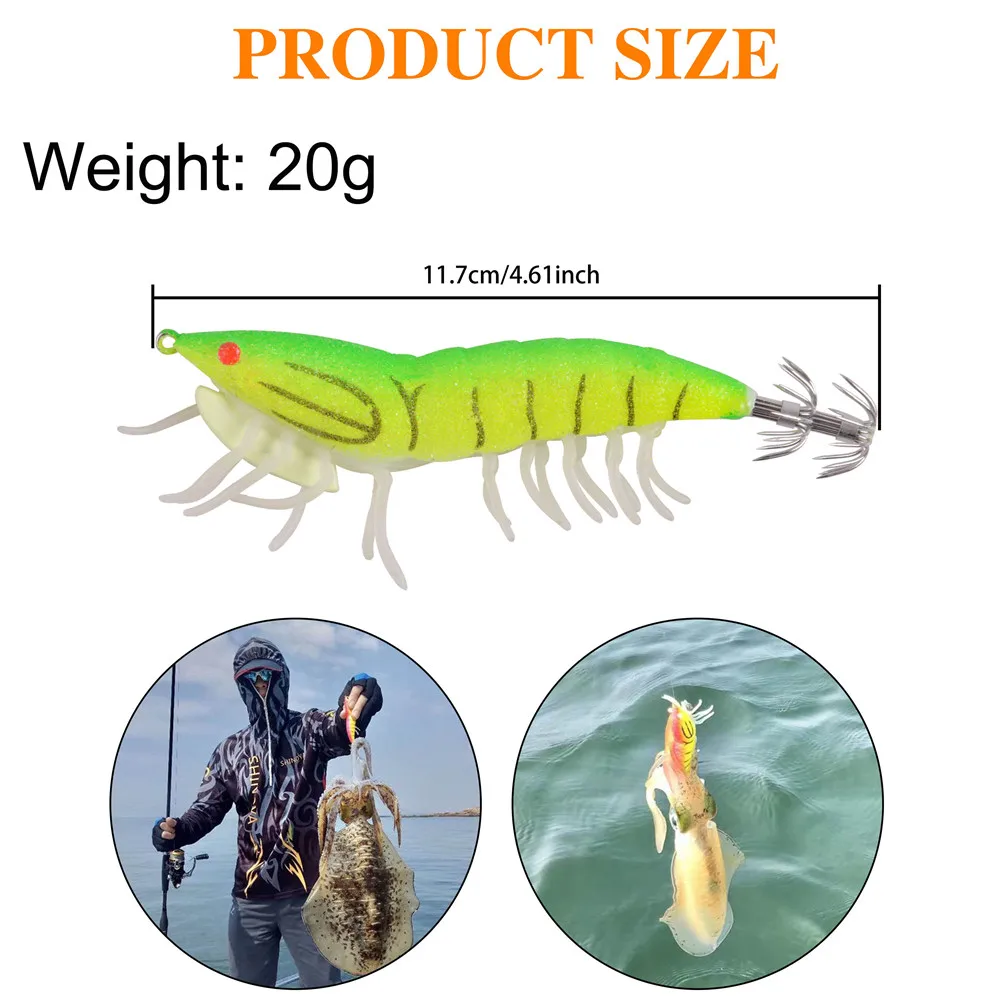 8 uds/16 Uds. Señuelo de calamar de pesca brillante plantilla de calamar luminosa 20g señuelo de camarón de madera ojos 3D señuelos de pulpo sepia anzuelo de calamar de agua salada - imagen 4