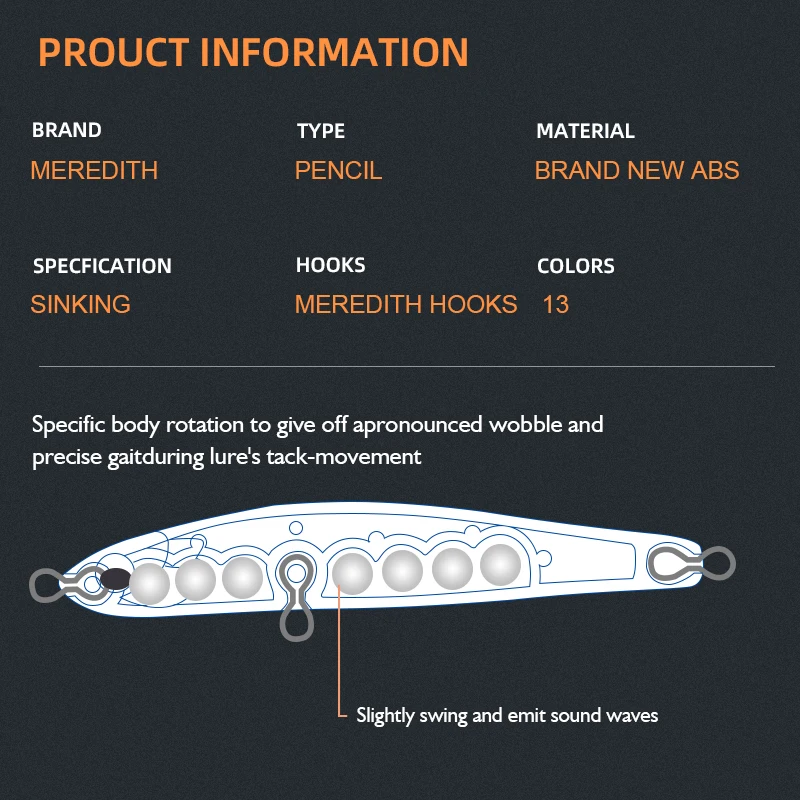MEREDITH Jerk señuelo de pesca que se hunde con lápiz, Wobbler, lubina, aparejos de pesca, accesorios de Pesca, Señuelos de agua salada, cebo de arrastre,pencil lure - imagen 2