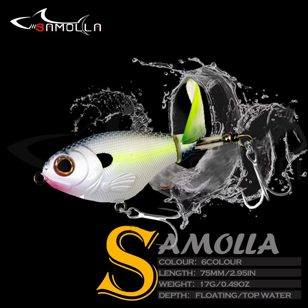 Señuelo SAMOLLA mostrando su diseño giratorio y 17g para pesca efectiva