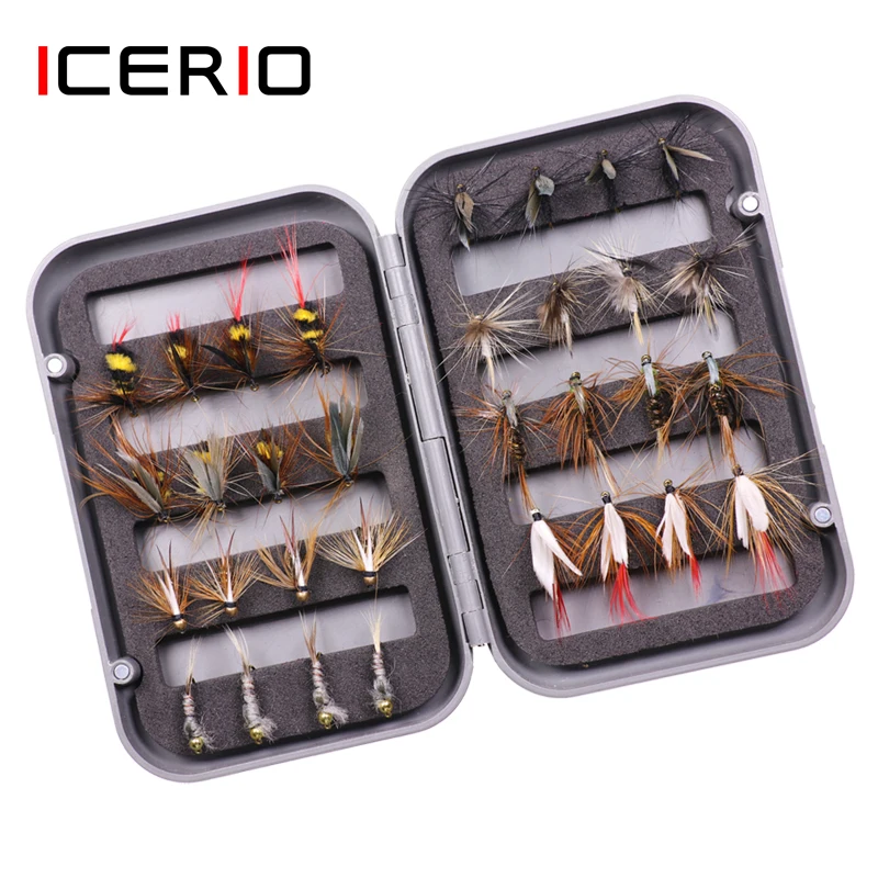 ICERIO-Juego de moscas surtidas para pesca, 32 unids/caja, moscas húmedas y secas, cebo
