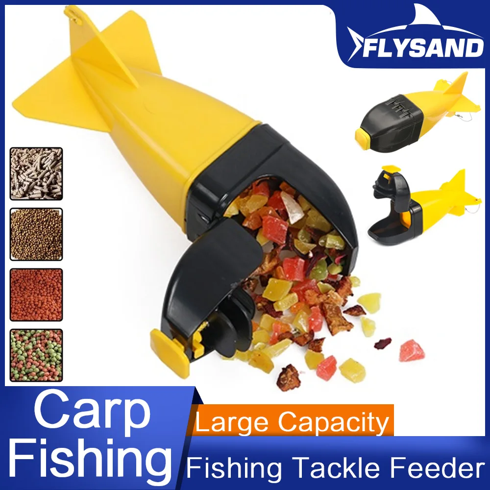 Alimentador FLYSAND mostrando su diseño Long Shot y Rocket Feeder para pesca efectiva