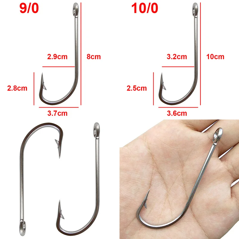 Anzuelos de acero inoxidable para pesca, anzuelos grandes, extra largos, anzuelos blancos, tamaño 1/0-10/0, 40 Uds.