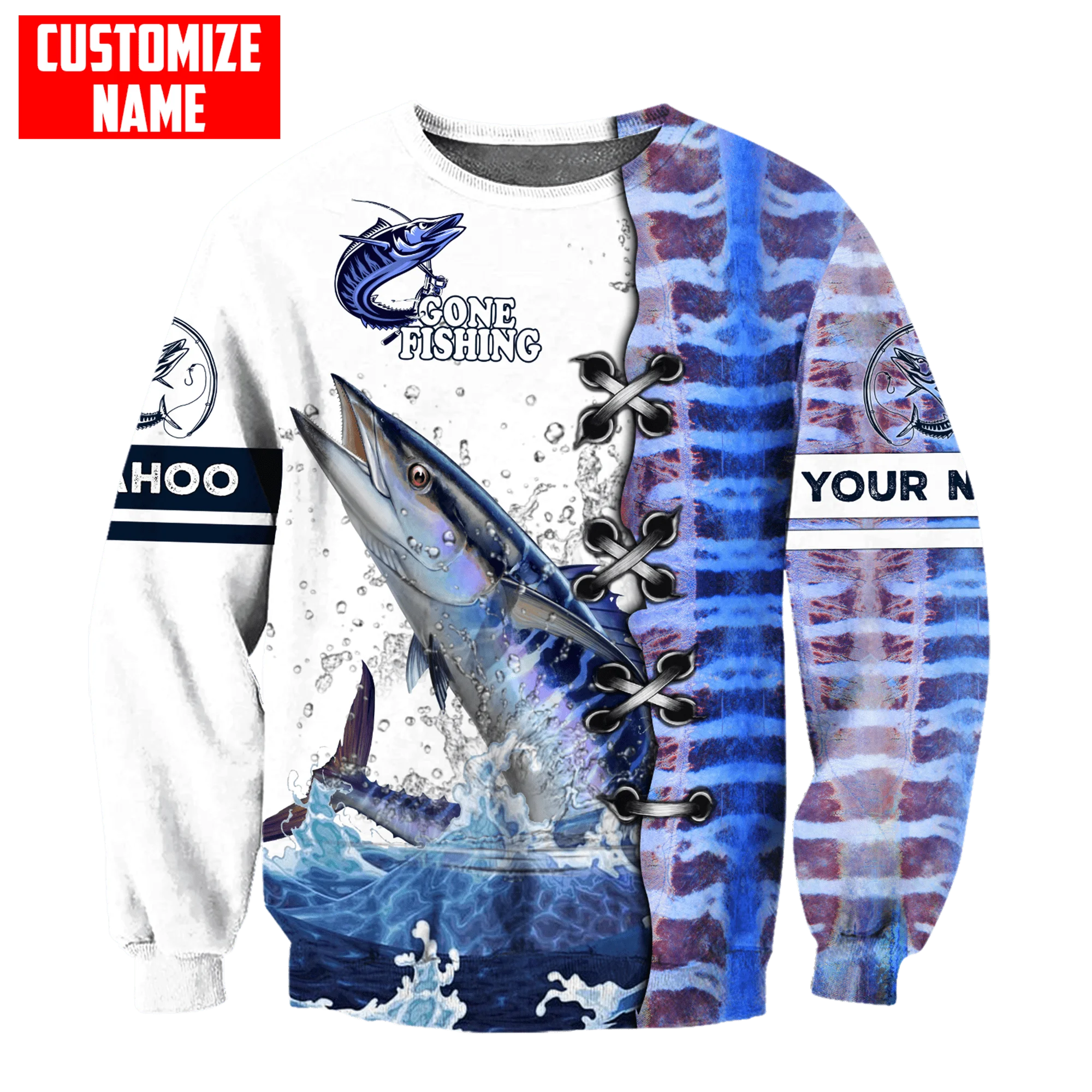 Wahoo Fish Gone Fishing, sudadera con capucha y sudadera con estampado 3D de nombre personalizado para hombre, sudaderas con cremallera Unisex de otoño, ropa de calle informal KJ833 - imagen 5