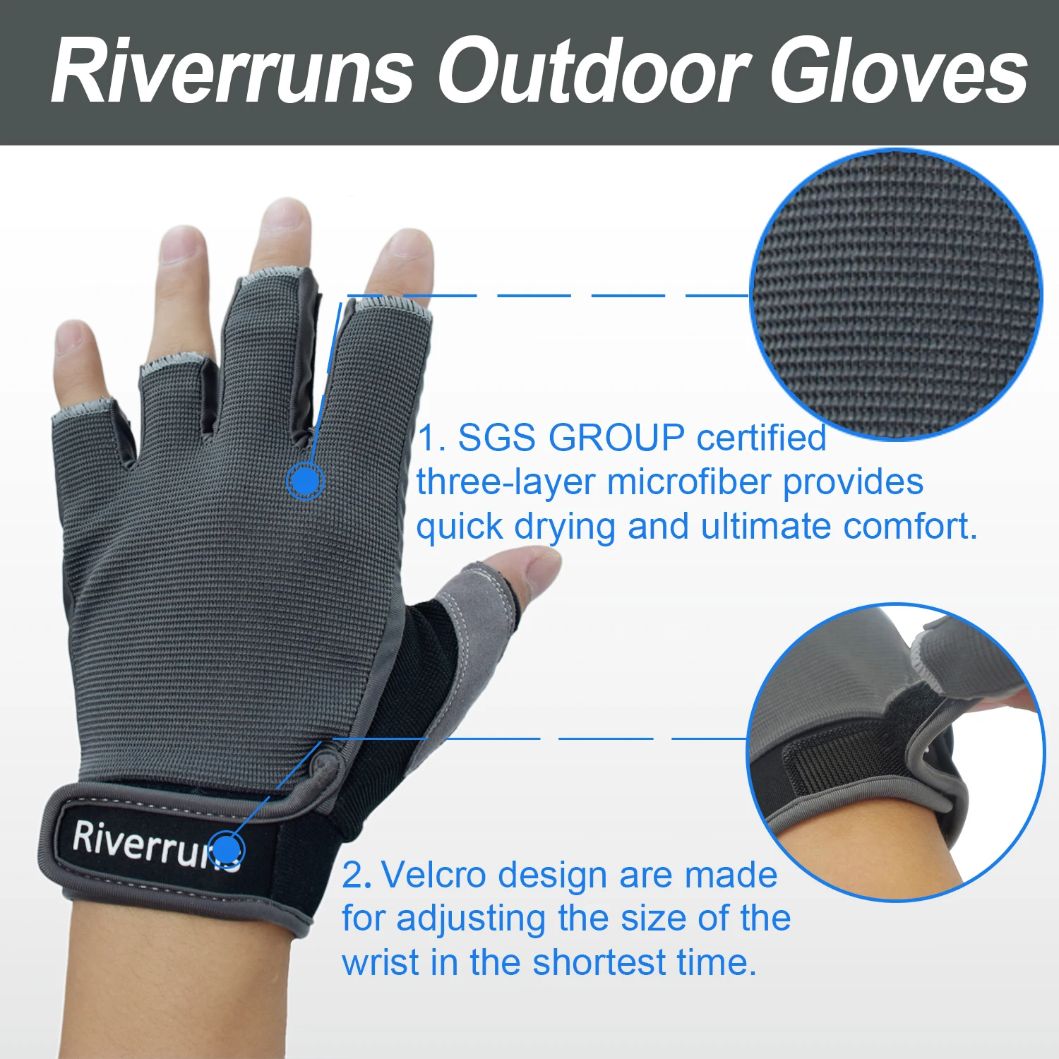 Riverruns-guantes de pesca sin dedos para hombre, protección solar para pesca, remo, navegación, remo y senderismo - imagen 3