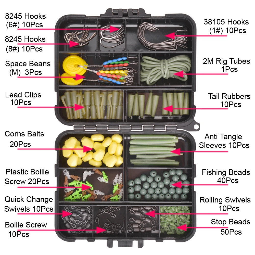 Kit de accesorios de aparejos de pesca de carpa, 226 unids/caja, incluye manga antienredos, gancho de goma, cuentas de parada, tornillo de cebo Boilie - imagen 2