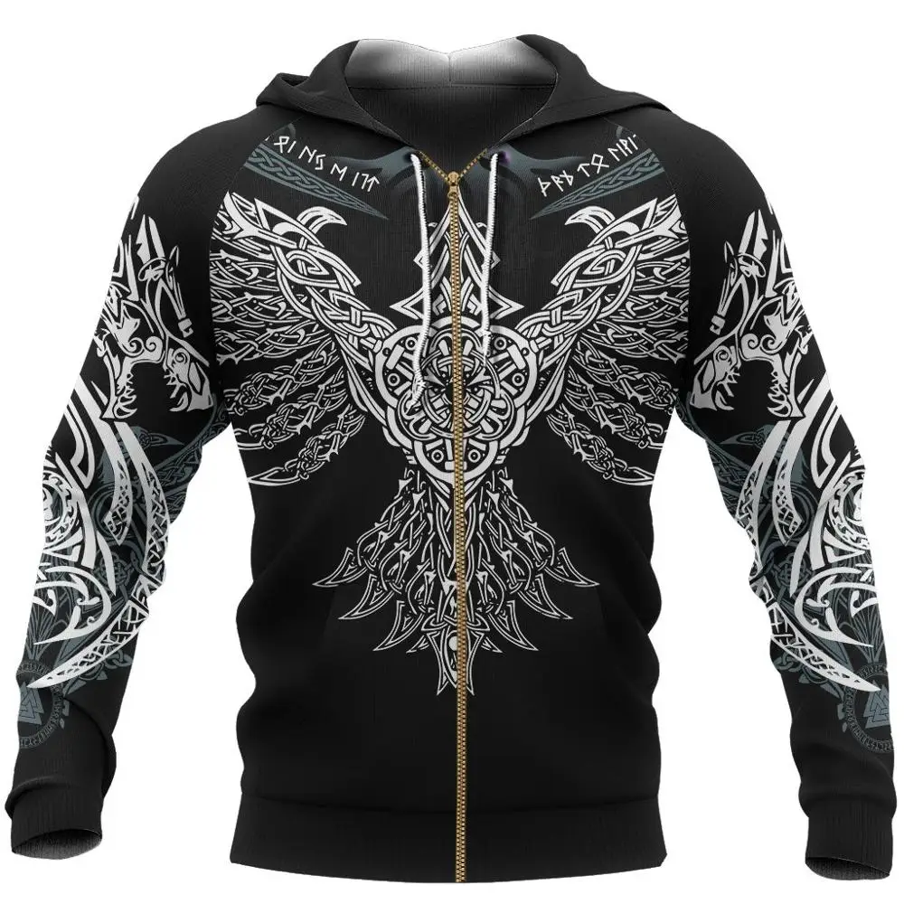 Sudadera con capucha con estampado 3D de cuervo de Odin para hombre, sudadera con cremallera, ropa de calle Harajuku, chaqueta informal Unisex, chándales KJ0140 - imagen 5