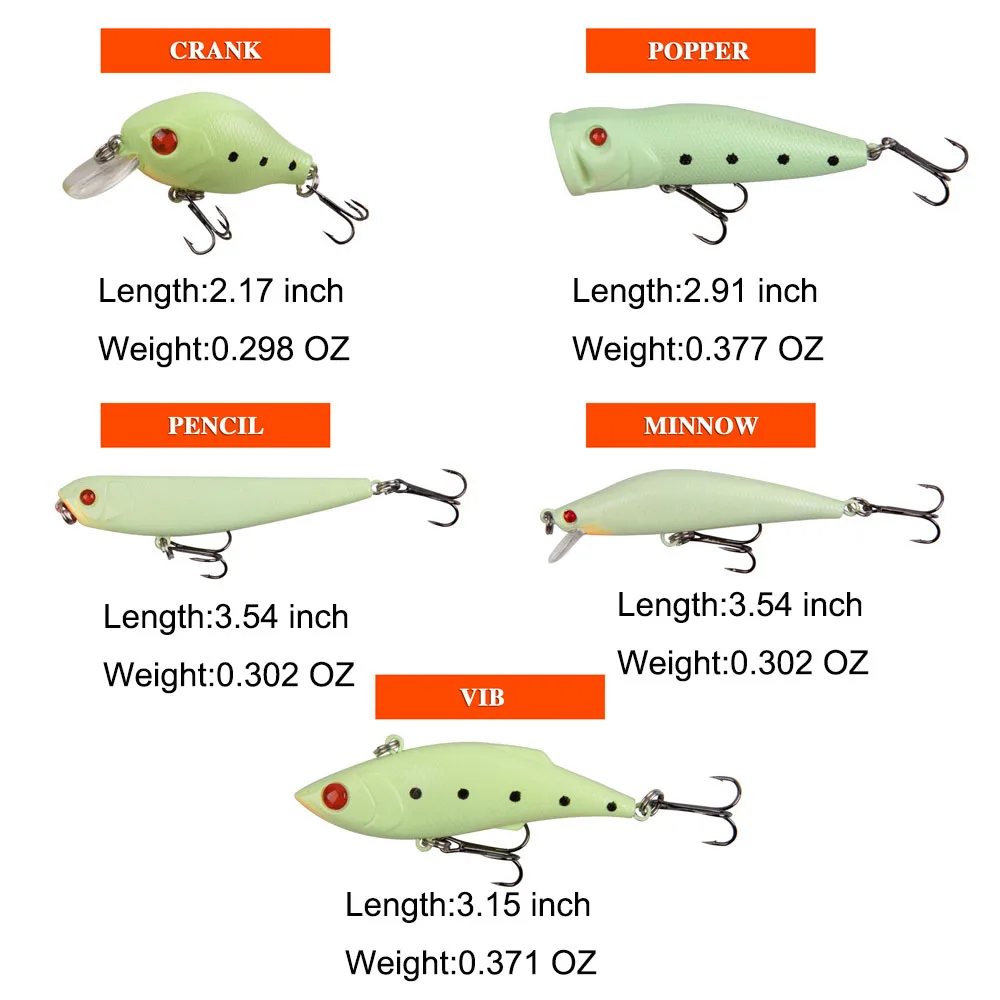 Kit de Señuelos de Pesca, 5 unids/caja, luminosos, VIB, Popper, Crank, Minnow, lápiz duro, brillo nocturno, señuelos artificiales - imagen 2