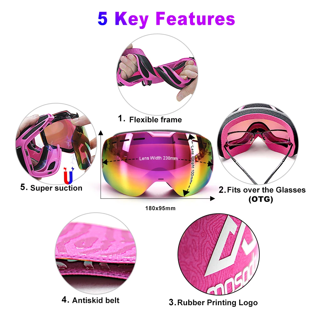 Mosodo-Gafas de esquí magnéticas para hombre y mujer, lentes con imán para moto de nieve, antivaho, esféricas grandes para nieve, lentes iluminadoras de invierno - imagen 4