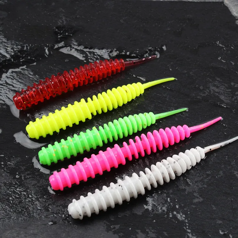 Señuelo de pesca de gusano de baile, cebo suave de 6,5 cm, 7,5 cm, 8,5 cm, cola de aguja, señuelos artificiales, lubina, cabeza de serpiente, mandarín, 10-12 piezas, bolsa en venta