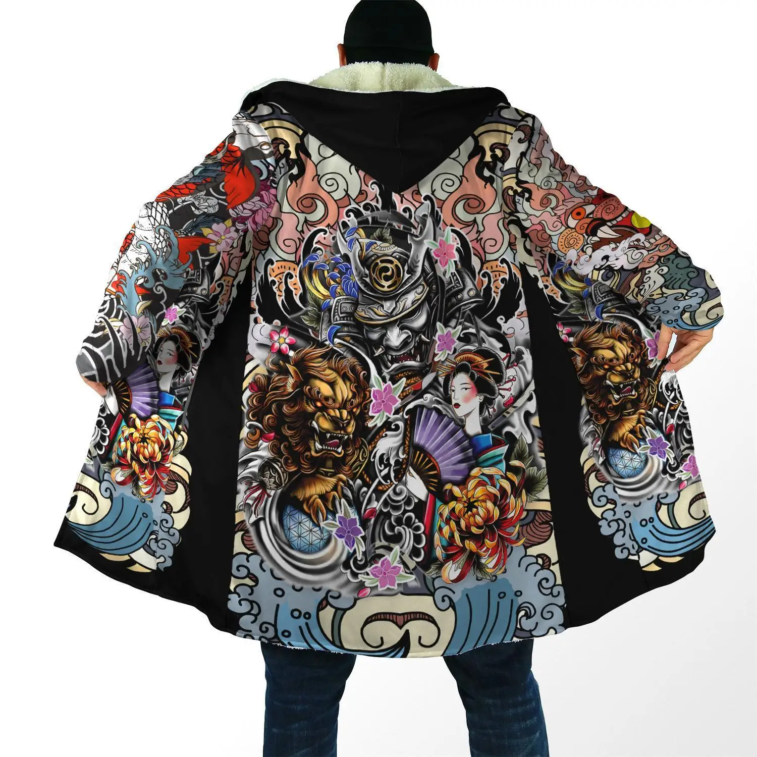 Capa de moda de invierno para hombre, capa con capucha de lana gruesa con estampado 3D de tatuaje de samurái, Geisha y León, capa cálida informal Unisex DP07 - imagen 4