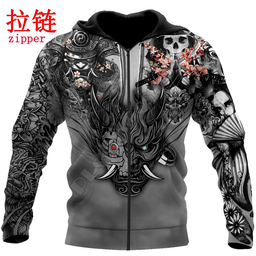 Samurai Oni Mask Tattoo 3D completamente estampado Sudadera con capucha y sudadera para hombre otoño Unisex sudaderas con cremallera ropa de calle informal KJ790 - imagen 4