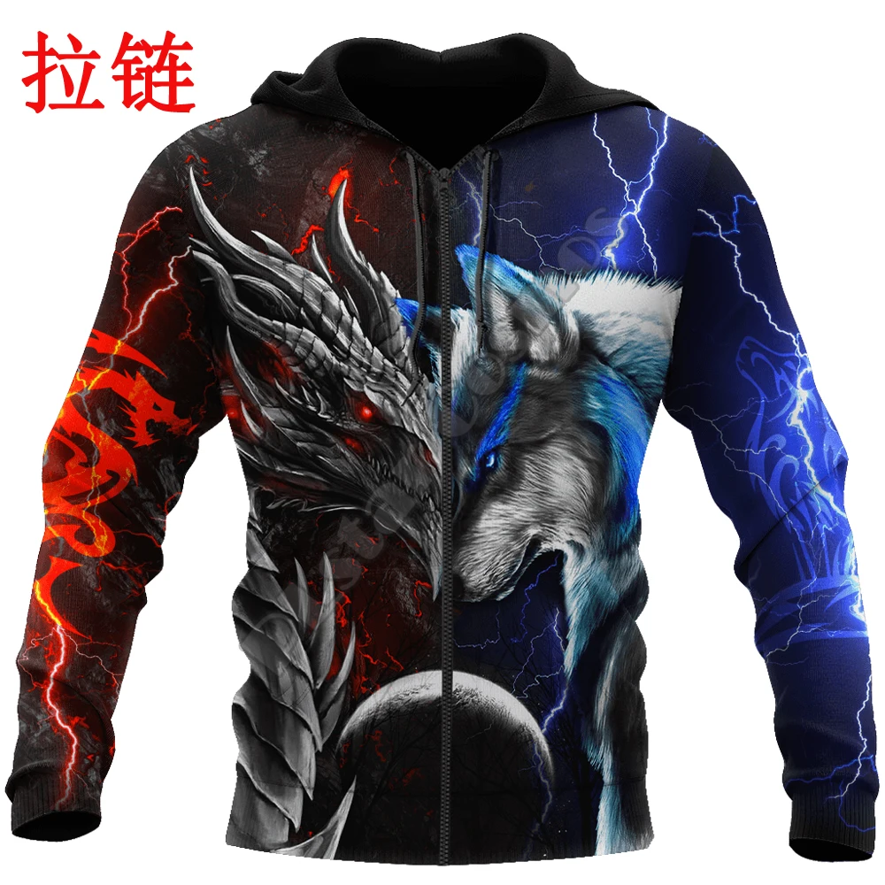 Sudaderas con capucha de otoño para hombre con estampado 3D de dragón y lobo rojo y azul, ropa de calle Unisex, chaqueta informal con cremallera, jersey KJ494