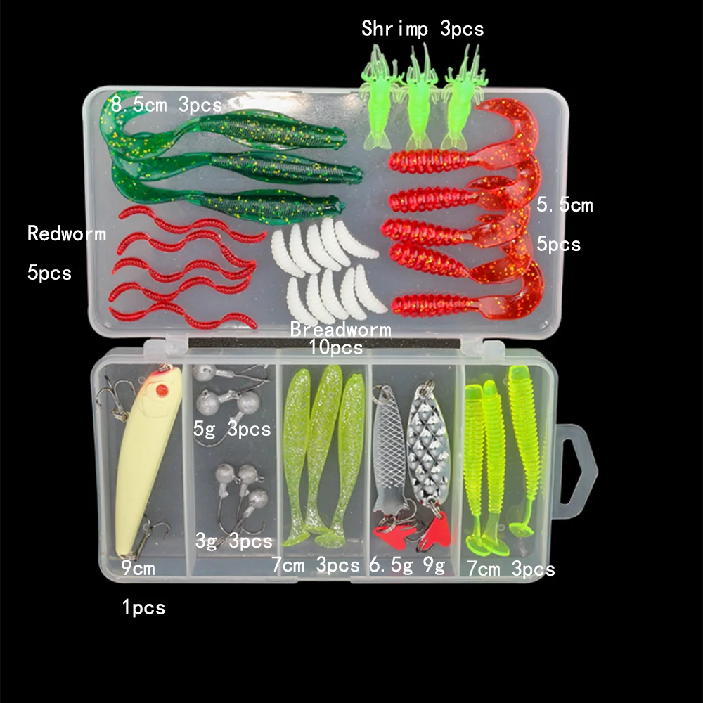 Señuelo de pesca suave, cebo de gusano de arena, pan, gusano, Jig Vibe, gancho de cabeza de plomo, pez biónico falso, Set de accesorios para lubina, 41 unids/caja - imagen 3