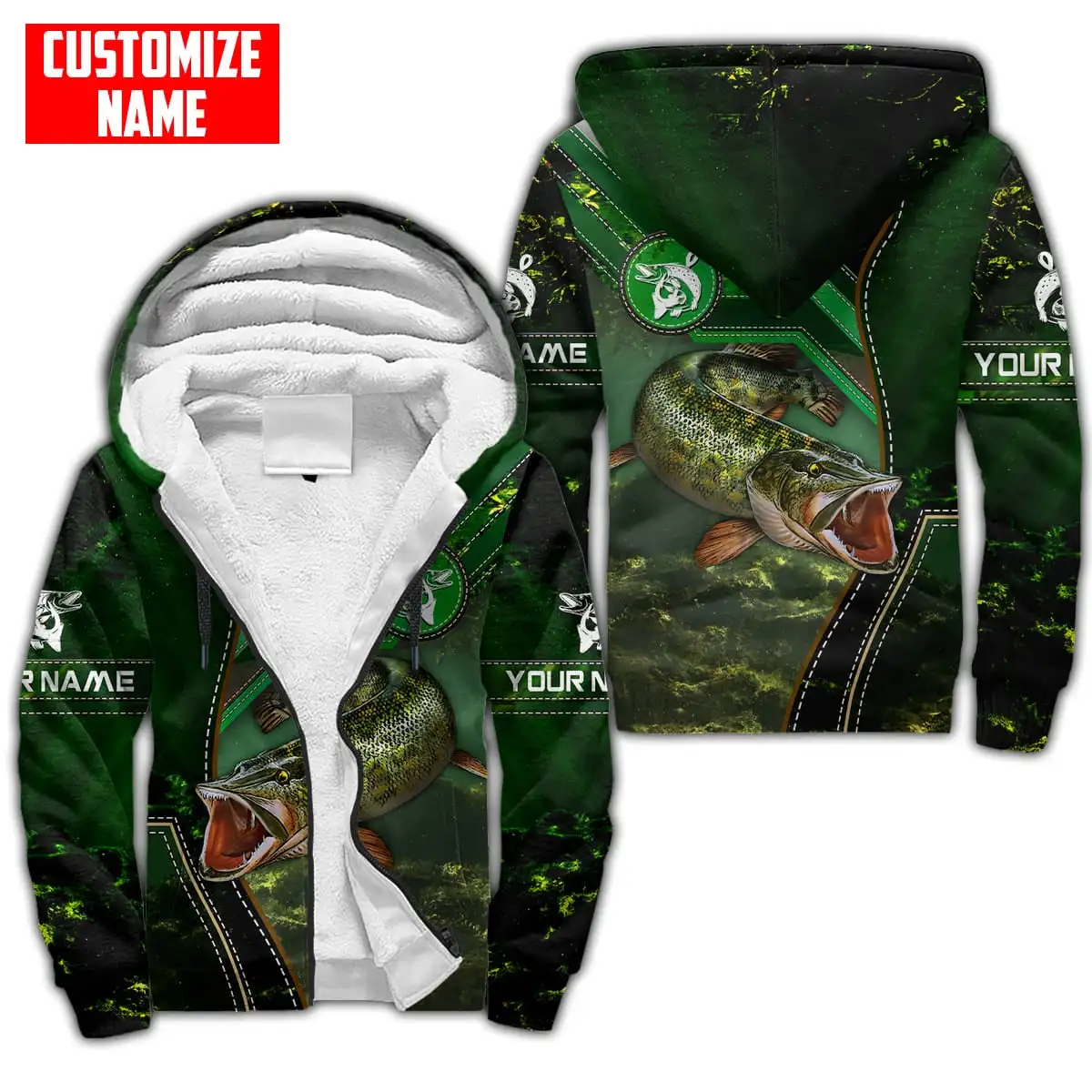 Nombre personalizado pesca de bagre 3D impreso invierno más grueso Sudadera con capucha con cremallera Unisex Casual Abrigo con capucha chándal chaqueta de lana cálida JH08 - imagen 3