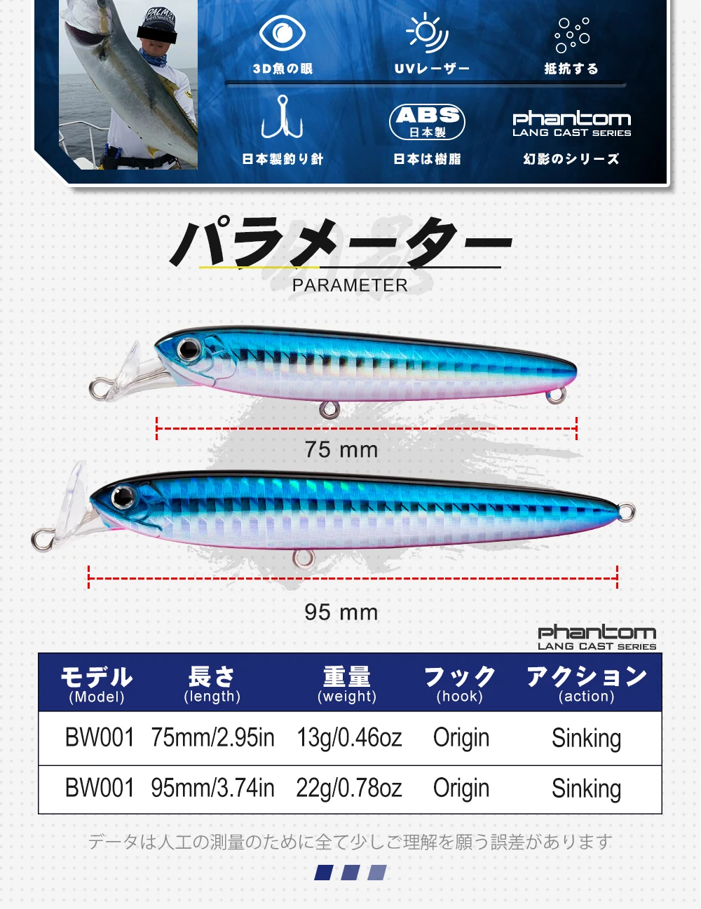 Un anuncio azul y blanco para un señuelo de pesca