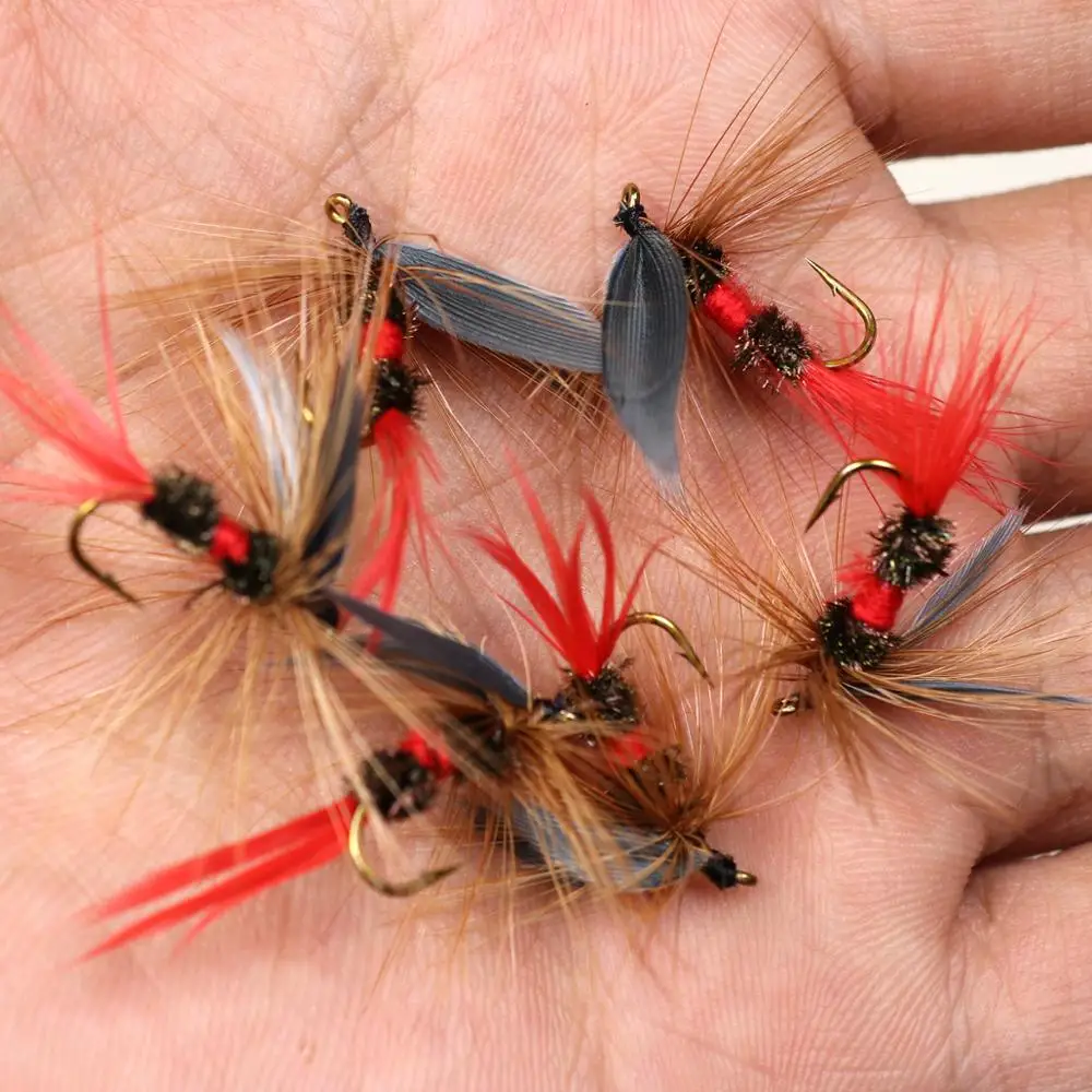 Bimoo-moscas secas de pesca de trucha, moscas de agua rápida y lenta con cuerpo de pavo real y seda roja, #10, 8 Uds. - imagen 2