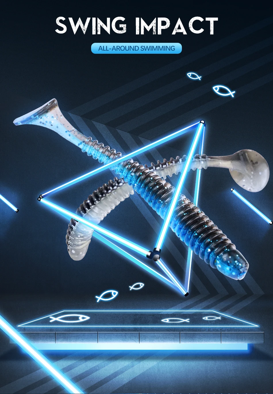 Swimbait MEREDITH mostrando su diseño de 75mm 2g y 20 unidades de señuelos blandos para pesca de lubina