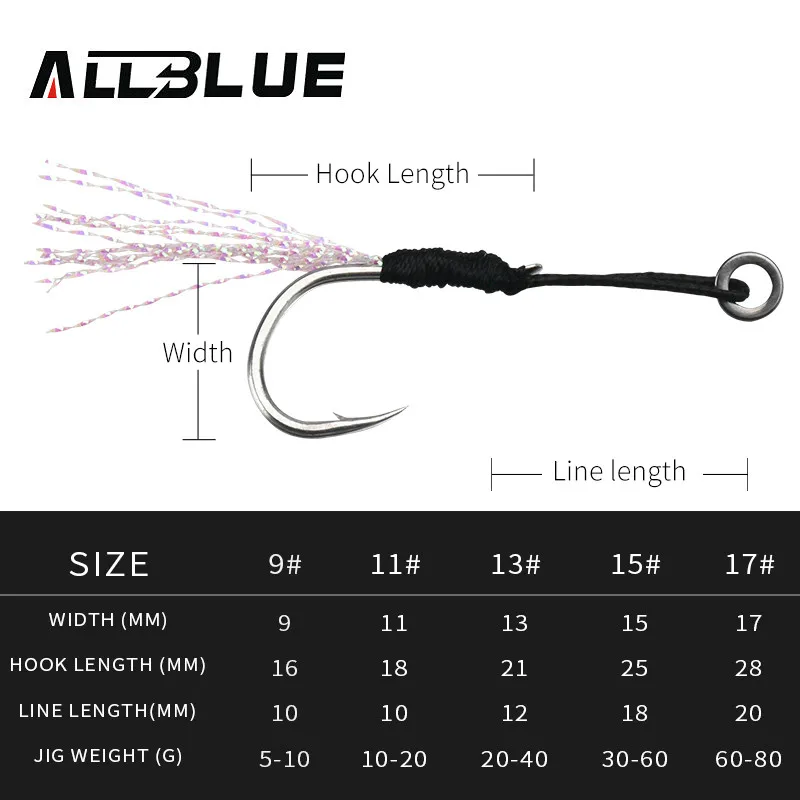 ALLBLUE-anzuelos de metal con sedal plumas anillo, Lote de 6 anzuelos de agua salada para cebo de 10-60g - imagen 2