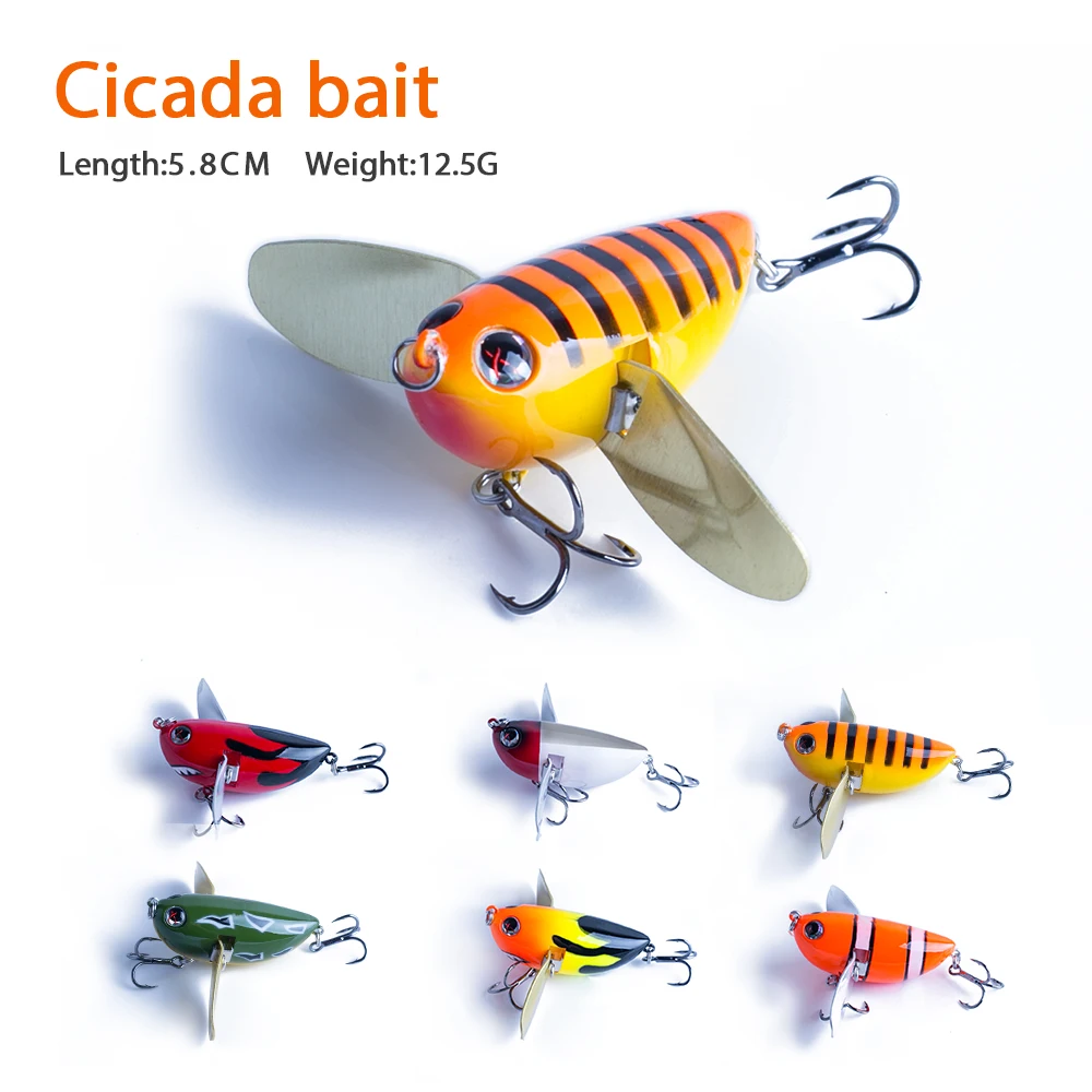 Topwater de simulación de pesca en cigarra señuelos 58mm 12,5g Popper flotante duro Wobblers cebo hoja de Metal alas artificiales - imagen 5