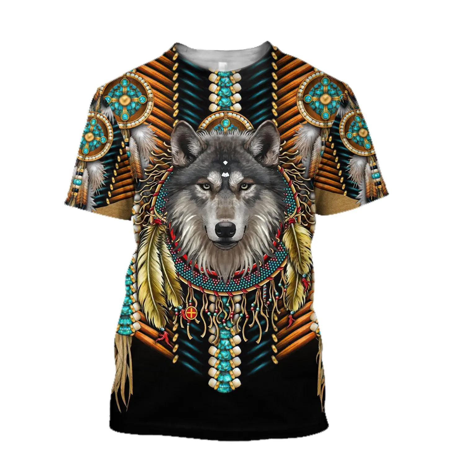 Camiseta Harajuku hombre/unisex – Estampado lobo nativo manga corta - imagen 2
