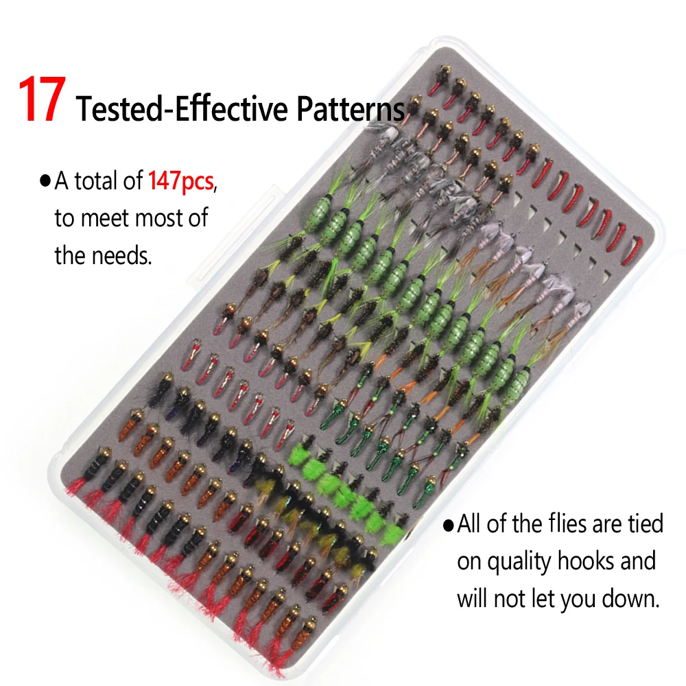 Bimoo 147 unids/caja Ninfa húmeda seca Señuelos de Pesca con mosca Kit cabeza de cuentas Ninfa Midge larva Stonefly trucha Grayling Señuelos de Pesca cebos - imagen 4