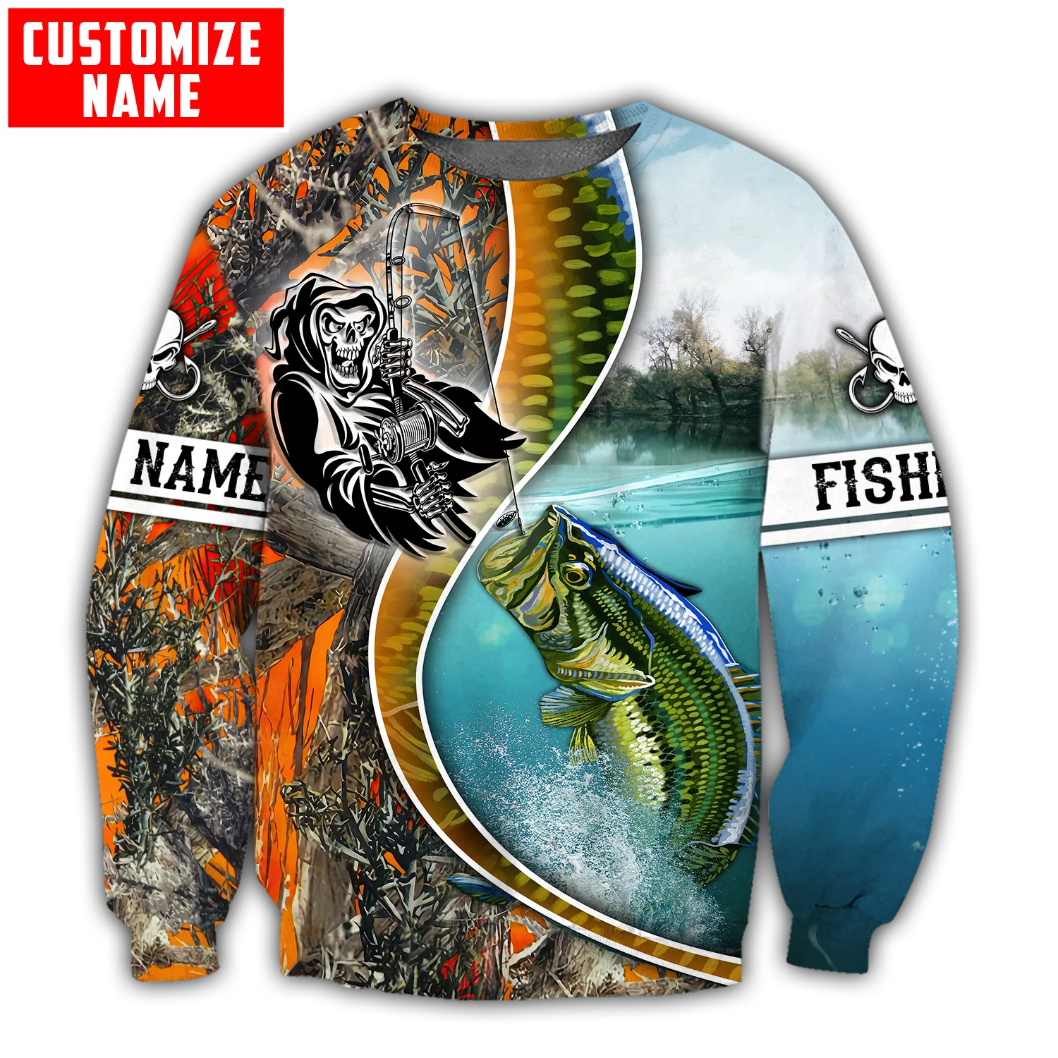 Sudadera con capucha y sudadera con estampado 3D de camuflaje naranja para pesca de lubina con nombre personalizado para hombre, Sudadera con capucha con cremallera Unisex, chándales informales KJ777 - imagen 4