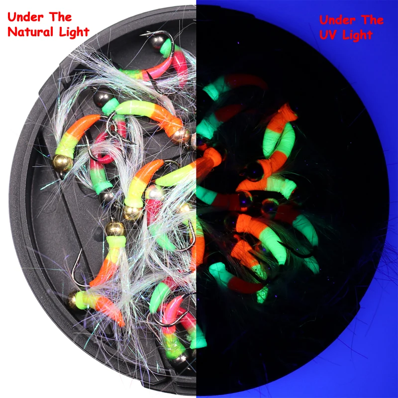 Bimoo 6 piezas 8 # Señuelos de pesca blancos para trucha, cebo fluorescente de hundimiento rápido con cabeza de cuentas ponderada, para pesca en hielo, trucha - imagen 4