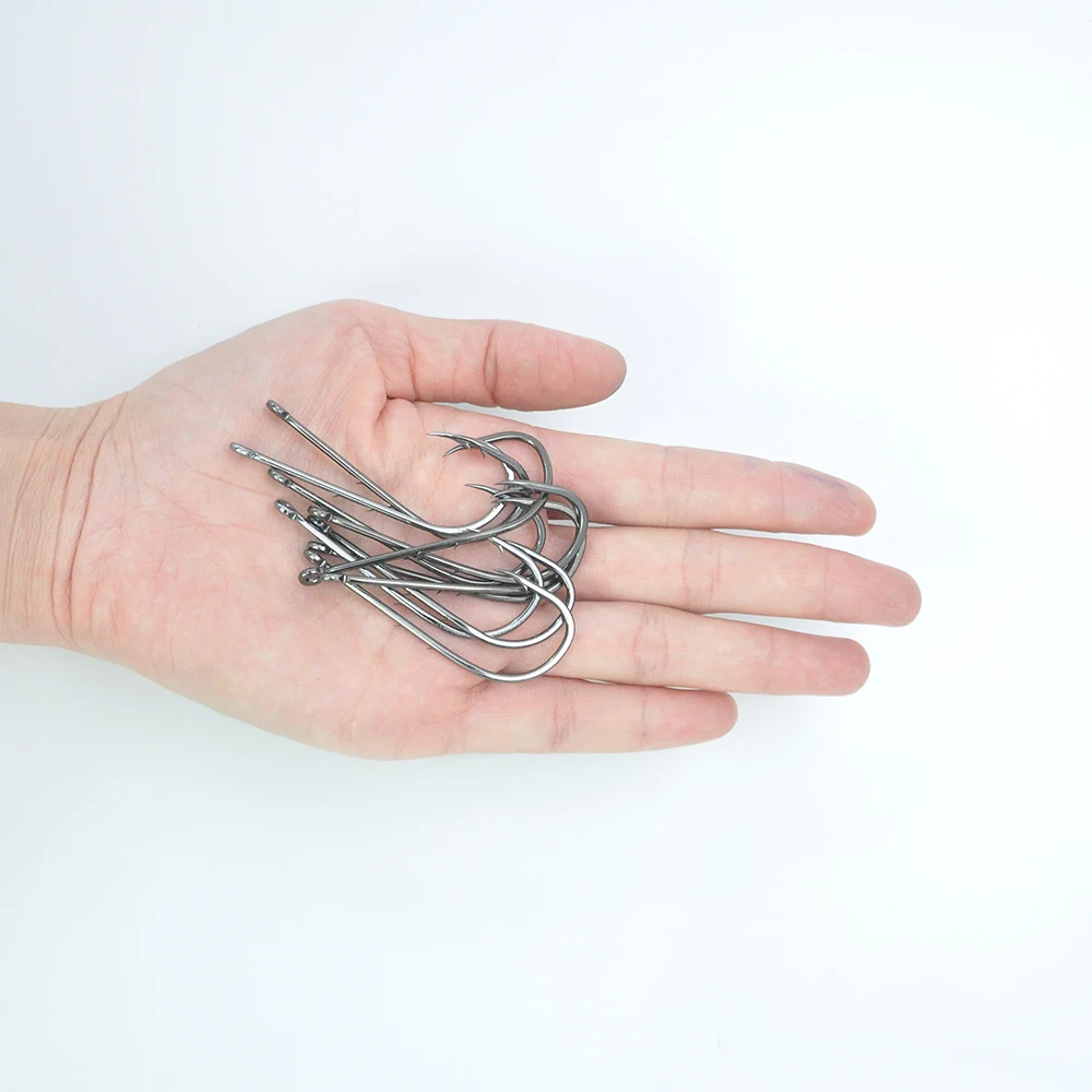 Ganchos de pesca de vástago largo, 16 # ~ 7/0 #, de acero de alto carbono con púas agudas, cebo estrecho Offset, anzuelo de pesca de doble espalda, 20 piezas/50 Uds. - imagen 5