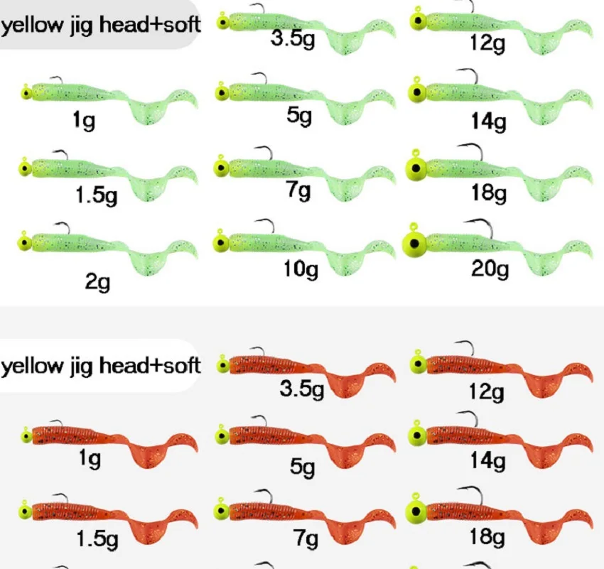 Anzuelo de pesca con cabeza plomada, señuelo de Plantilla de color, cebos duros, aparejos de pesca de gusano suave, 1,75g, 3,5g, 5g, 7g, 10g, 12g, 14g, 18g, 10 Uds. - imagen 4