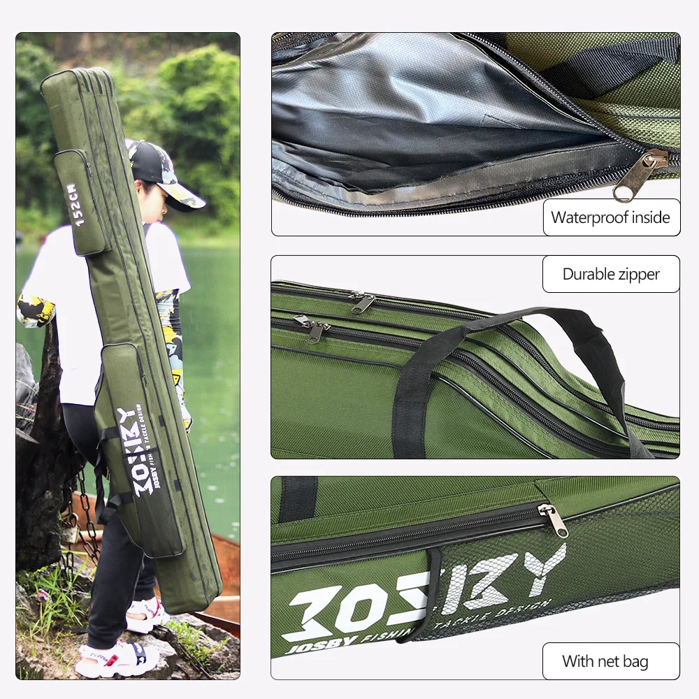 Una persona parada junto a una masa de agua, sosteniendo un estuche grande, verde e impermeable. El estuche parece estar diseñado para transportar cañas de pescar, como lo indica el texto FISHING ROD CASE en él.