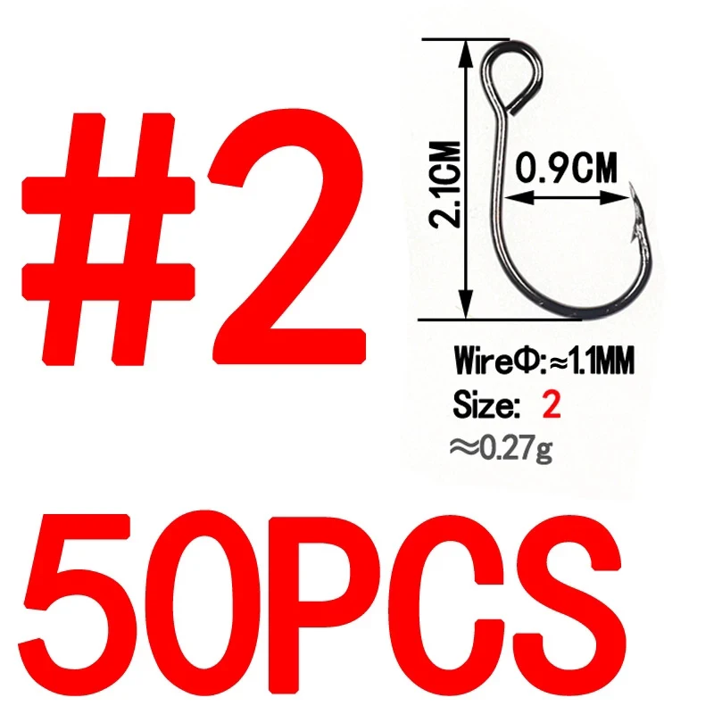 Bimoo-anzuelos de repuesto para señuelo de pesca, 50 piezas, en línea, tamaño 1, 2, 4, 6, 8, acero de alto carbono - imagen 4