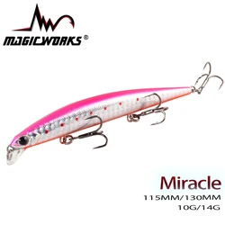 Magic Work Floating Minnow 115mm/10g, 130mm/14g señuelo de pesca de agua salada Wobbler cebo duro cebo Artificial aparejos de pesca de mar