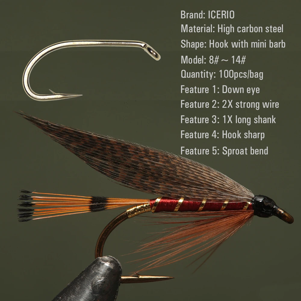 ICERIO 100 Uds anzuelo de atado de moscas húmedas secas Micro púas 2X alambre fuerte 1X vástago largo brocha curva anzuelos de pesca forjados - imagen 3