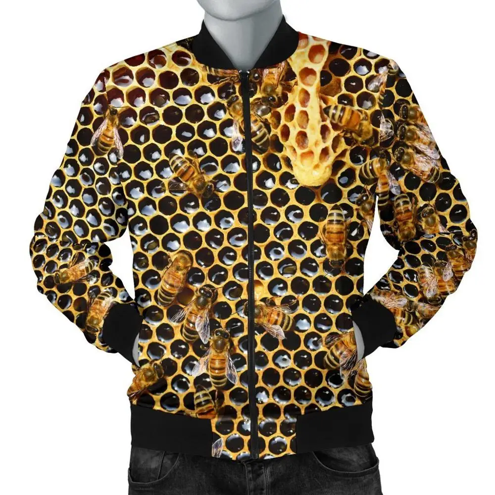 Chaqueta Bomber cálida para hombre, abeja, miel cruda pura, estampado 3D, gruesa, invierno, manga larga, prendas de vestir con bolsillos, chaqueta informal Unisex con cremallera