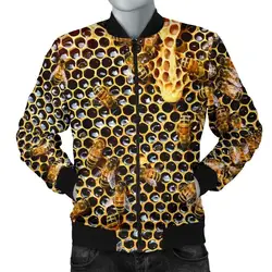Chaqueta Bomber cálida para hombre, abeja, miel cruda pura, estampado 3D, gruesa, invierno, manga larga, prendas de vestir con bolsillos, chaqueta informal Unisex con cremallera