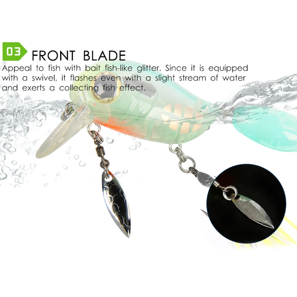 Experimente el encanto de la cuchilla delantera con su brillo con forma de cebo y su efecto de peces coleccionables