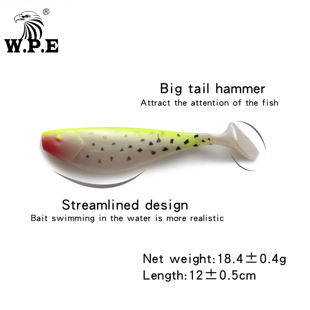 W.P.E-señuelo de pesca suave, 5 unids/paquete, 12cm, 18,4g, gusano en T, Swimbaits Jig Head, cebo de pesca con mosca, cebo de silicona, Wobblers de pesca de carpa - imagen 2