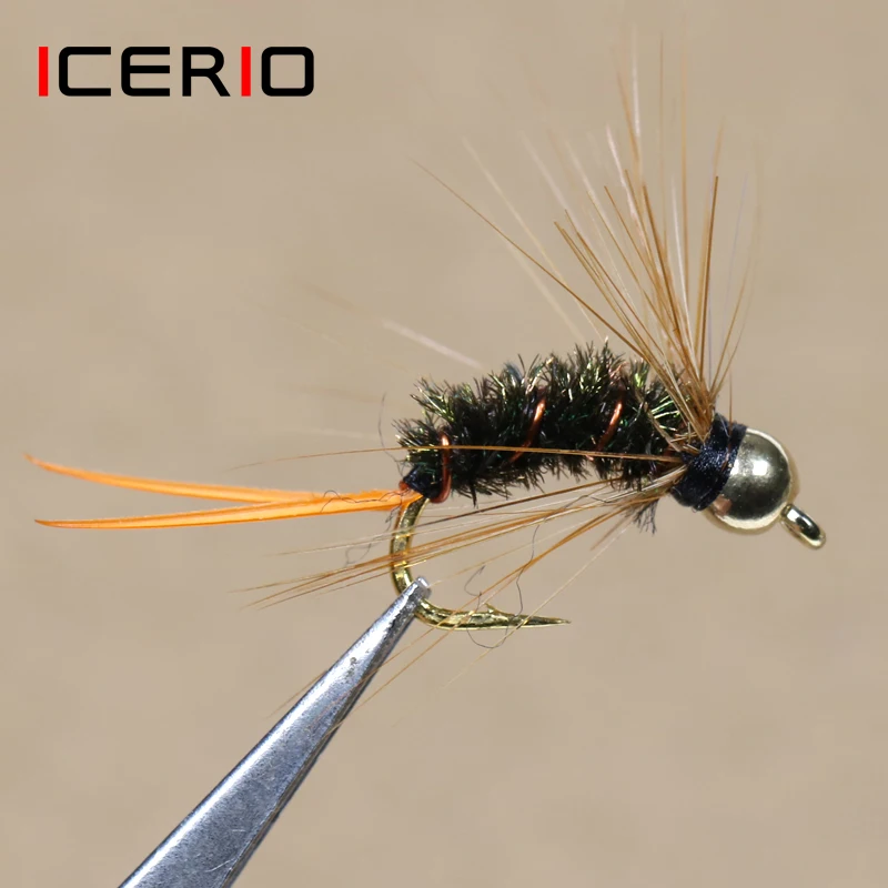 ICERIO 8 piezas #12 cabeza de cuentas de latón Hackle Pavo Real Nymph Psycho Prince Nymph trucha mosca pesca señuelos