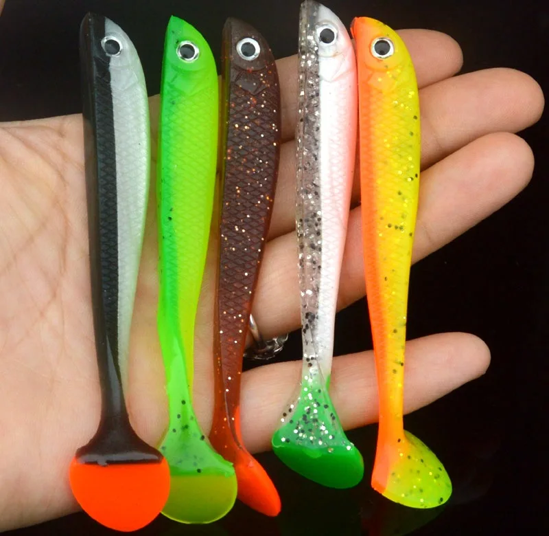 Gran oferta, cebo de señuelo suave, 4 unids/bolsa, señuelos artificiales de pesca hechos a mano, 11cm/6g, bota de cola en T de doble Color - imagen 5