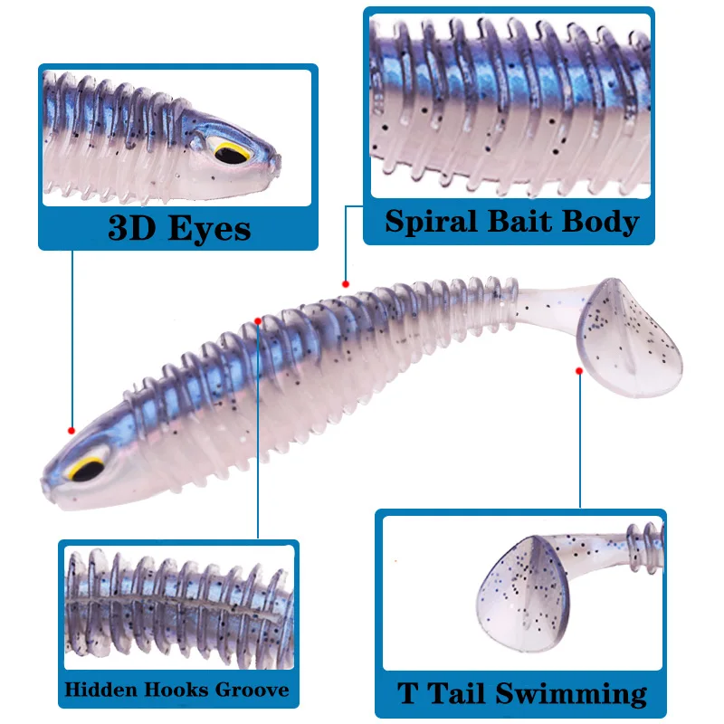 5 unids/lote Shad pesca señuelo suave 4,5g/80mm cebo de silicona lubina ojos 3D gusano Jig Head Wobblers aparejos de natación de goma Artificial - imagen 3