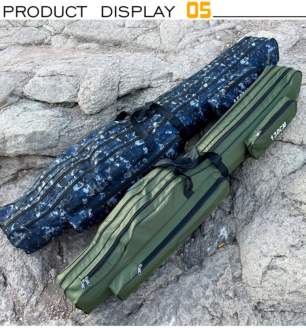 Dos maletas, que parecen maletas de armas, colocadas sobre una superficie rocosa. La carcasa de la izquierda tiene un patrón de camuflaje, mientras que la de la derecha es de color verde oliva. Estos casos se utilizan normalmente para transportar armas de fuego de forma segura.