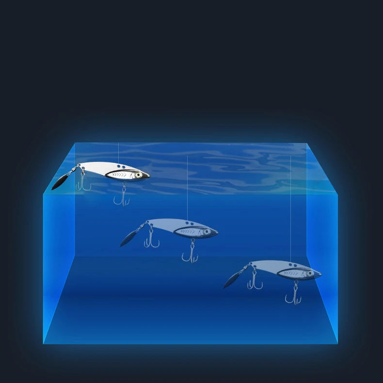 Señales de pesca submarina suspendidas en un tanque de agua azul claro