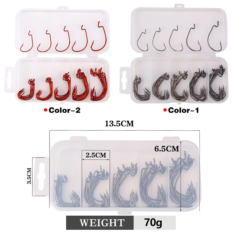 Mosodo-anzuelos de gusano para señuelos, juego de anzuelos de gusano para señuelos blandos, anzuelos de compensación de plantilla ancha, Kit de accesorios de aparejos de Pesca de lubina #2 #1 1/0, 50 Uds. - imagen 2