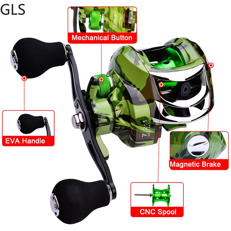 Carrete de Baitcasting con mango EVA 7,2: 1, Ratio de engranaje, arrastre máximo de 10KG, 18 + 1 Bola, sistema de frenado magnético, rodamientos, carrete de pesca - imagen 5