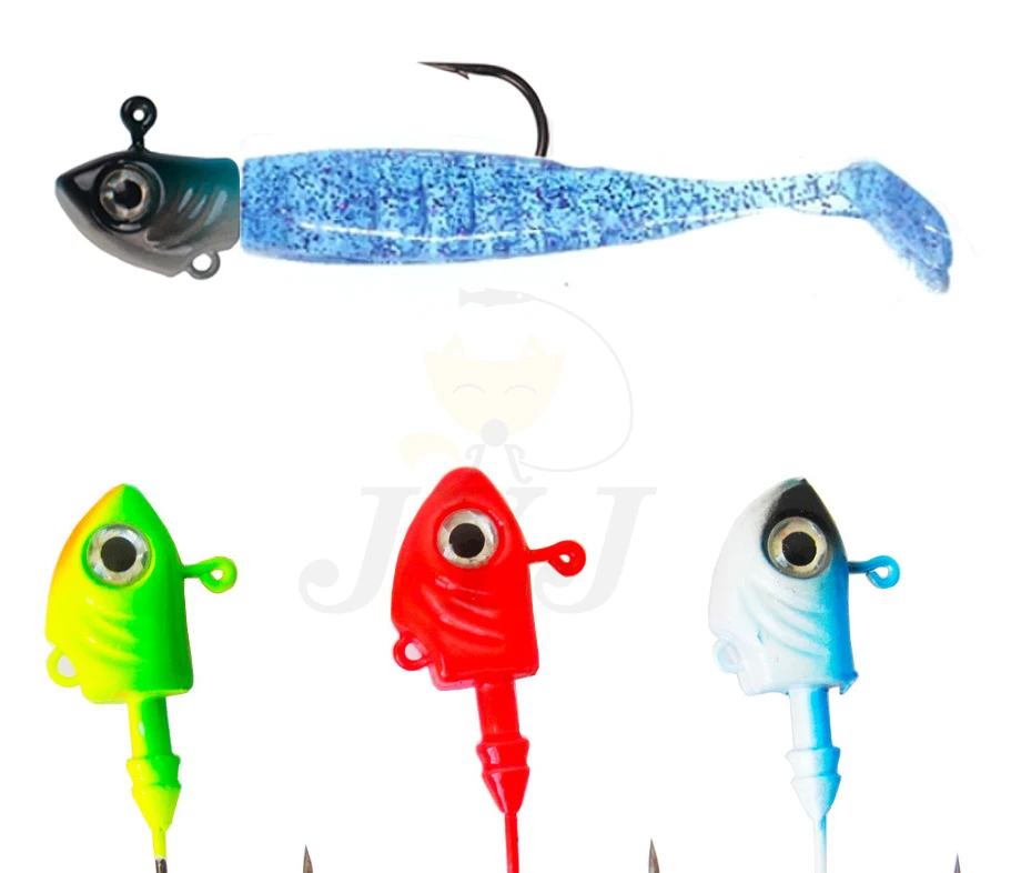 Anzuelos coloridos mostrando su diseño de cabeza de pez y 10-45g para sábalo suave