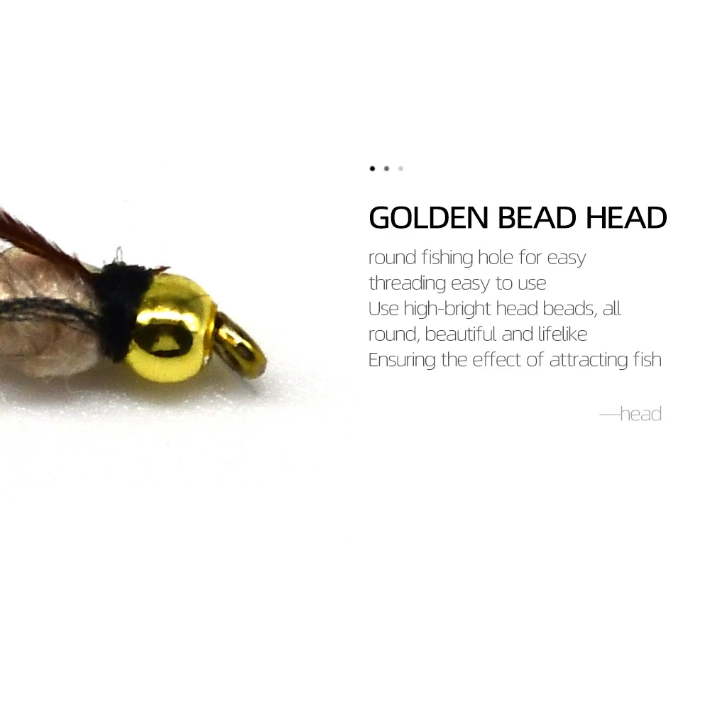 MNFT 10 unidades/paquete 8 #   Cabeza de cuentas doradas, cuerpo marrón, cuerda plateada, ninfa envuelta con oropel, ninfa trasera para pesca con mosca, trucha - imagen 3