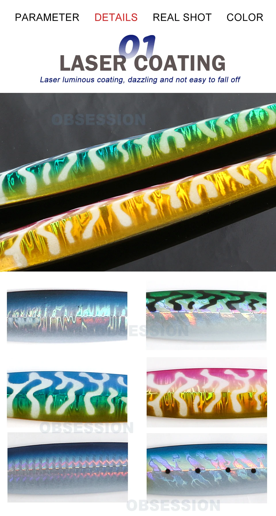 Una colección de objetos recubiertos con láser, que parecen púas de guitarra. El recubrimiento láser se utiliza para crear una superficie colorida y posiblemente texturizada en las púas. El texto de la imagen sugiere que el revestimiento es duradero y no se puede quitar fácilmente.