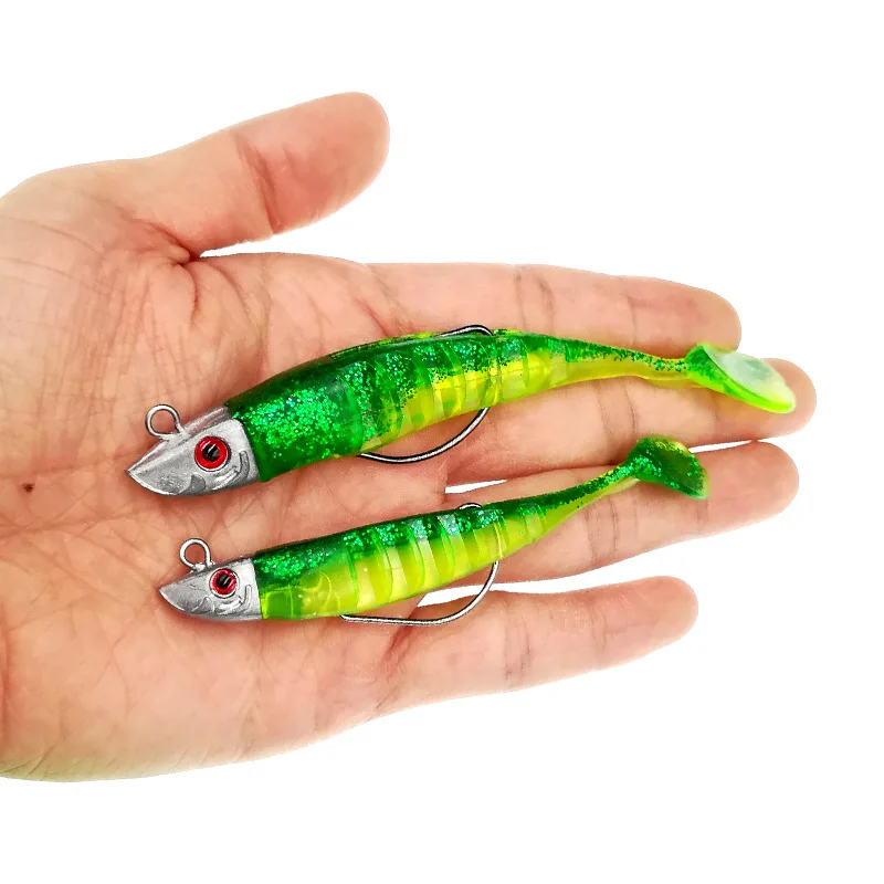Señuelo falso Jigging cebo blando Señuelos de pesca 9/11cm 15,6/23,3g DIY cabeza Jig pez cola en T señuelo de lubina aparejos de pesca 6 colores - imagen 4