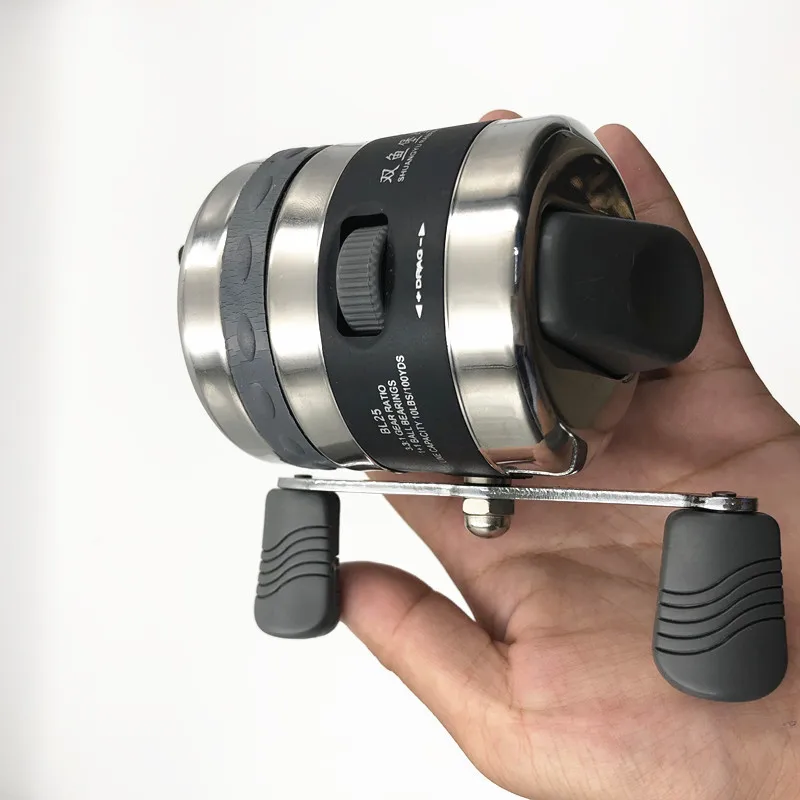 BL25 carretes de pesca de acero inoxidable, rueda de Metal cerrada, carrete de pesca giratorio para tirachinas, tiro, uso de pescado, Dardo - imagen 5